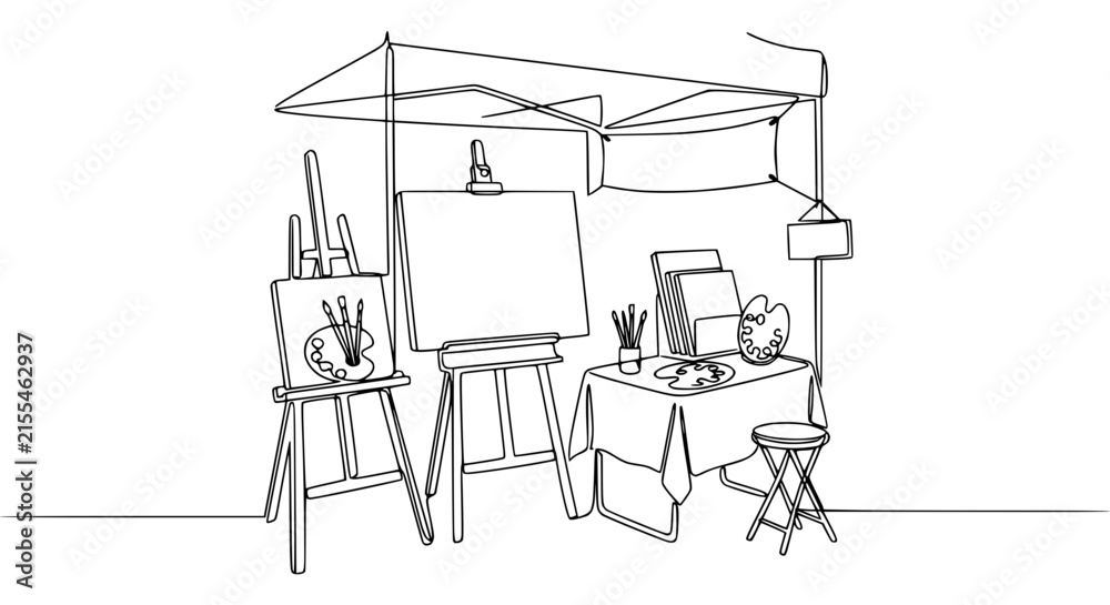 Fototapeta premium Artist's outdoor booth with easels, canvases, and art supplies, line drawing