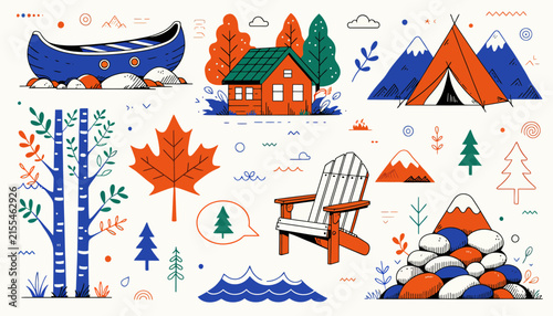 Canadian Summer Scene Elements: Canoe, Tent, Cabin, Adirondack Chair