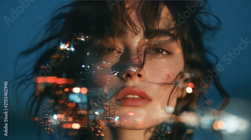 Womans face overlayed with city lights at night