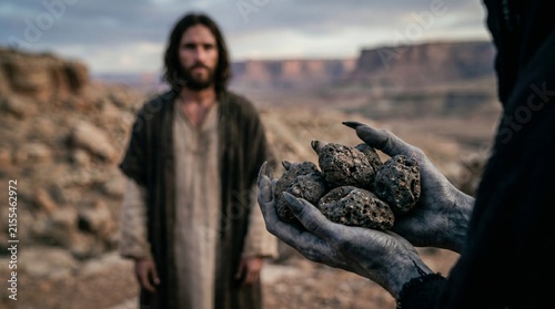 Jesus being tempted in the wilderness. Satan appearing as a shadowy figure, offering stones to be turned into bread