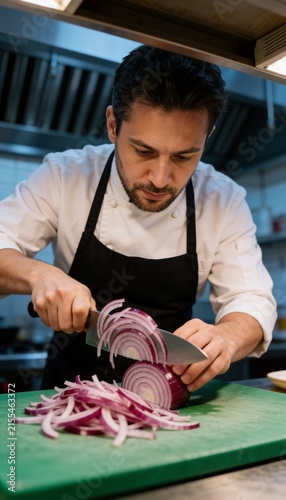 Professional Chef Chopping Red Onion with Sharp Knife