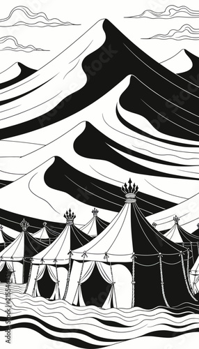 Desert Oasis Camp Scene with Dunes and Crowned Tents, Black and White Illustration