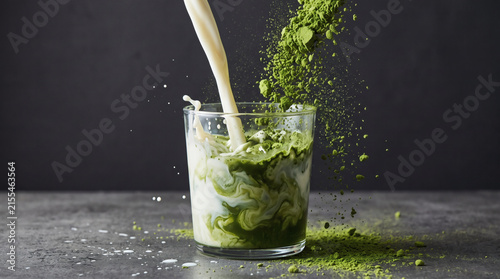 Pouring fresh milk into iced green tea matcha in glass cup with copy space