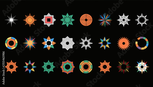 Diverse Geometric Starbursts and Ornaments Isolated Transparent Background