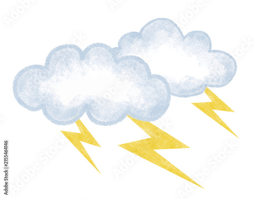 Hand drawn weather illustration featuring a fluffy cloud with bright yellow lightning bolts representing thunderstorms, severe weather, electricity, and storm conditions.