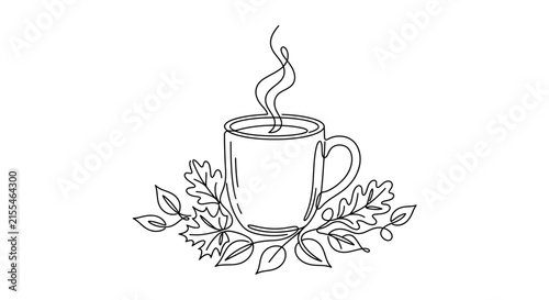 Continuous line drawing of a steaming hot coffee cup with autumn leaves