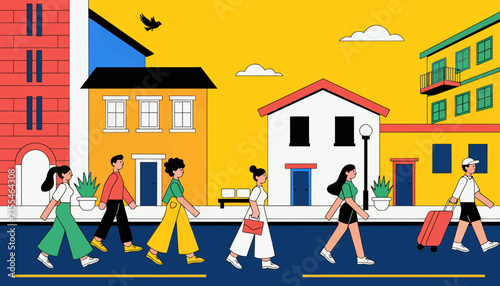 Diverse People Walking on City Street in Flat Design Style