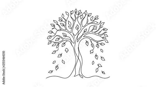 Minimalist One Line Drawing of Tree with Falling Leaves