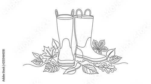 Continuous One Line Drawing of Rubber Boots and Autumn Leaves
