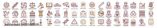 Set of 54 law and justice icon designs featuring court judge, police security, legal documents, and crime investigation vector illustrations