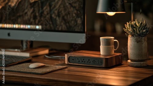 Desk setup with technology and plant
