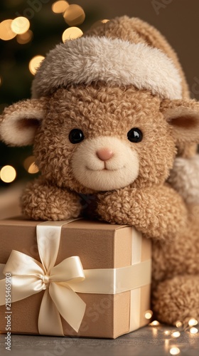 A cute brown teddy bear holds a wrapped gift in a festive holiday setting, cozy seasonal character, Christmas, New Year.