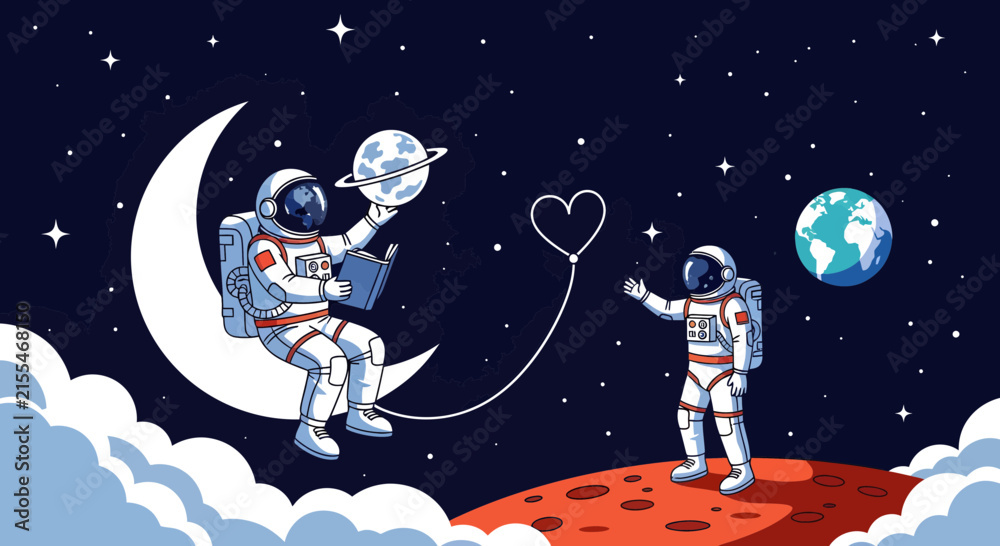 Naklejka premium Astronauts Exploring Space with Love and Science Illustration