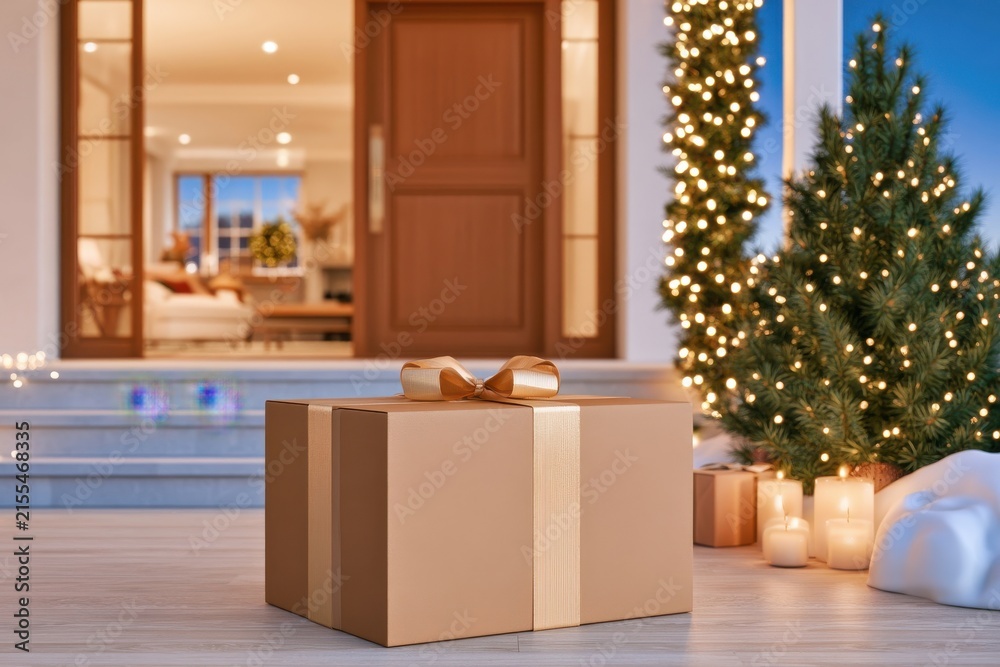 Fototapeta premium Gift box with gold ribbon on snowy doorstep beside lit Christmas tree and candles