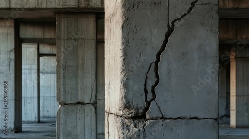 Cracked concrete wall and damaged window in an aging building, structural deterioration and property damage, repair planning, safety inspection, disaster recovery.