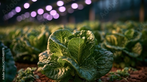 Fresh lettuce growing in agricultural field with artificial lights
