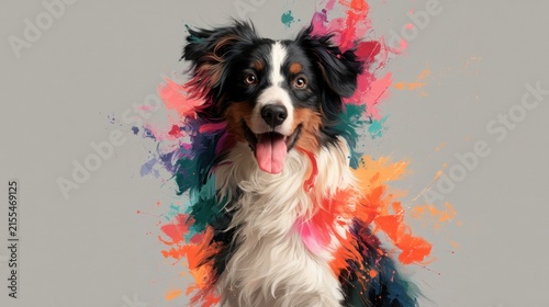 Dog portrait with colorful abstract paint splatters