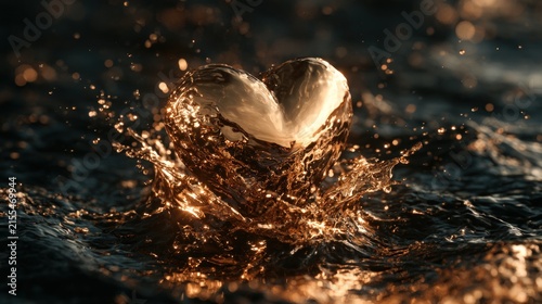 Liquid heart shape splashing in golden water