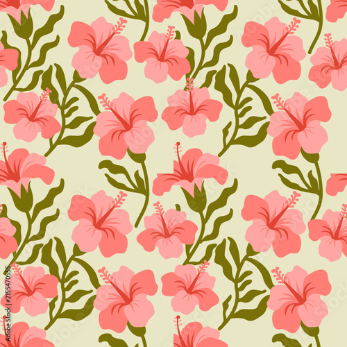 Hibiscus Flower Seamless Pattern with Pink Tropical Floral Design. Perfect for fabric, textile, wallpaper, packaging, fashion, and summer decorative designs.