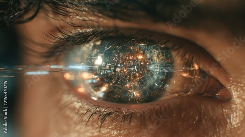 Human eye reflecting futuristic cityscape digital network