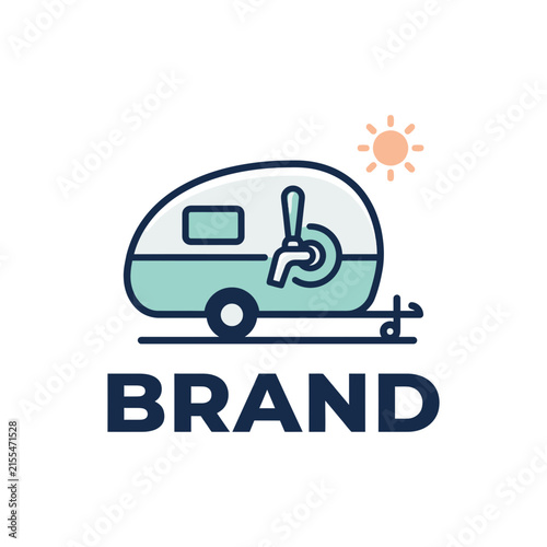 Vintage camper trailer logo with sun icon.