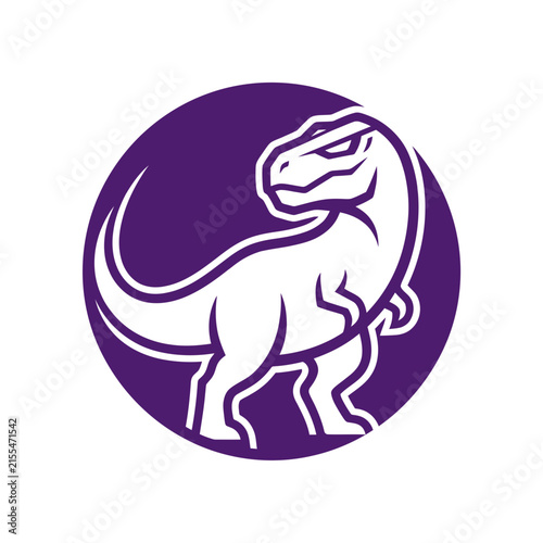 Purple circular dinosaur mascot logo featuring T-Rex.