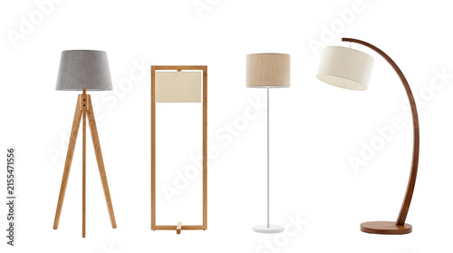 Modern floor lamp collection, set of 4 minimalist standing lamps with wooden and metal bases, contemporary home lighting fixtures on white