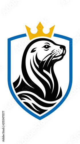 Sea lion mascot shield logo wearing golden crown.