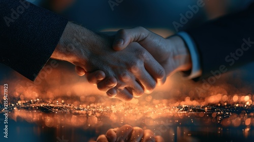Two hands shaking in agreement with bright bokeh lights