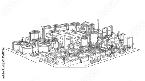 Industrial Factory Blueprint Drawing: Modern Chemical Plant Architecture