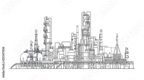 Industrial Factory Outline Drawing, Chemical Plant Blueprint, Manufacturing Facility Line Art