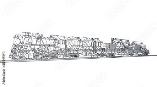 Vintage Steam Locomotive and Freight Cars Line Drawing
