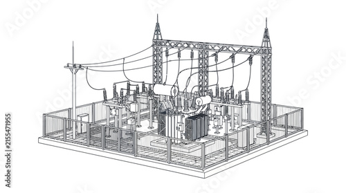Electrical substation wireframe drawing, power transmission station, industry infrastructure