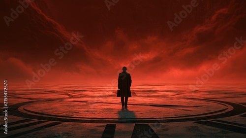 Man in coat standing on abstract patterned ground under red sky