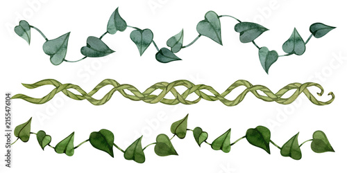 Watercolor trailing ivy vine garlands with green heart leaves horizontal jungle border set