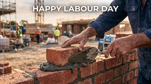 Construction worker laying bricks on Labour Day celebration with hard hat and gloves