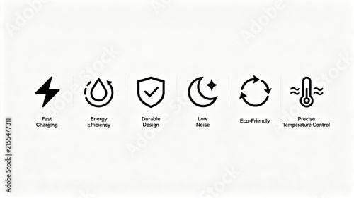 The minimalist black line home appliance attribute icon represents fast charging, low noise, energy-saving, and temperature control, suitable for the details page of minimalist wind appliances.
