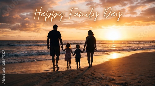 Happy family holding hands walking on golden sunset beach at twilight