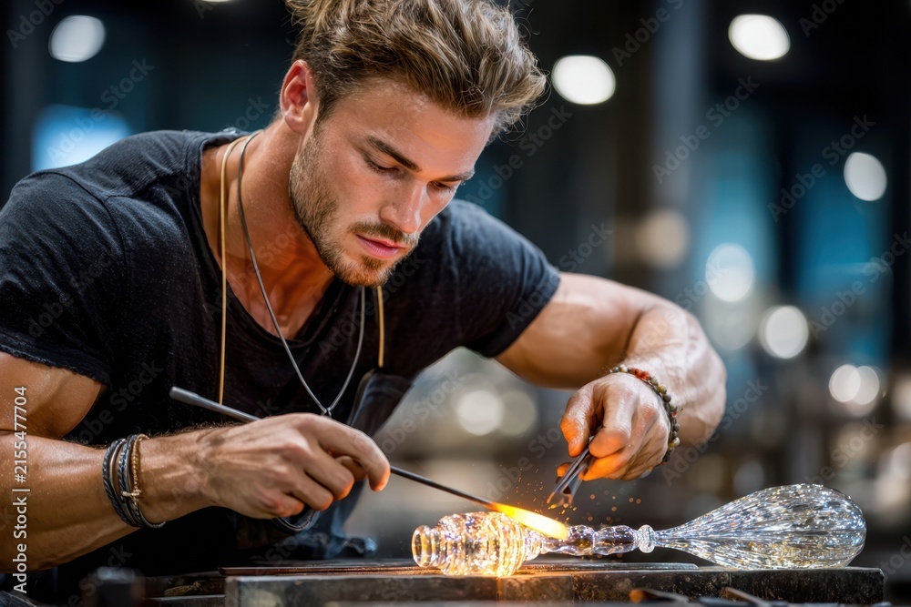 Obraz premium Glassblower Shaping Molten Glass in Workshop