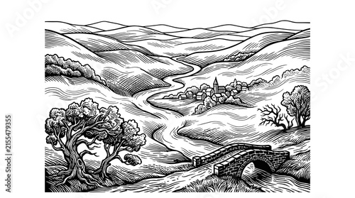 Black and white vintage landscape illustration of rolling hills, a winding river, a small village, and a stone bridge.