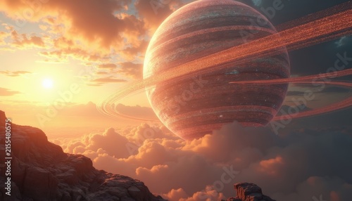 Glittering pixelated planet with orbiting rings floating above sunset clouds over alien terrain, science fiction