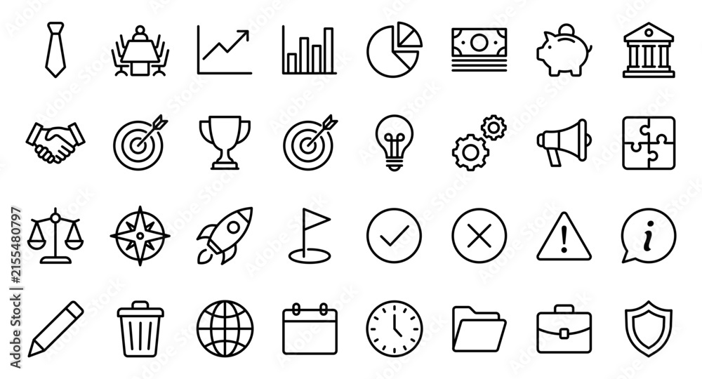 Fototapeta premium Business, Finance and Startup Management Line Vector Icon Set