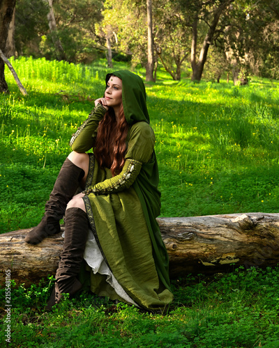 full length portrait of beautiful female model, wearing green medieval historical gown costume with cape. sitting figure pose on tree branch.  Magical lake forest background 