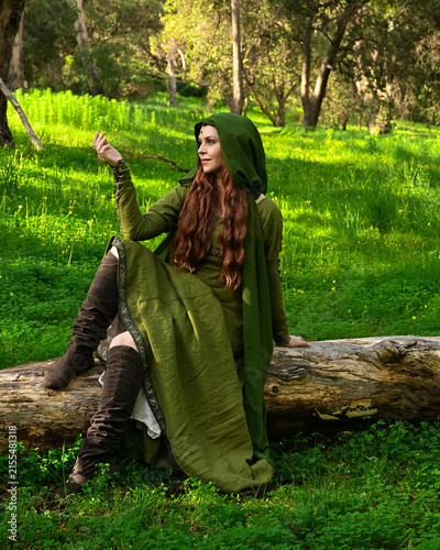 full length portrait of beautiful female model, wearing green medieval historical gown costume with cape. sitting figure pose on tree branch.  Magical lake forest background 