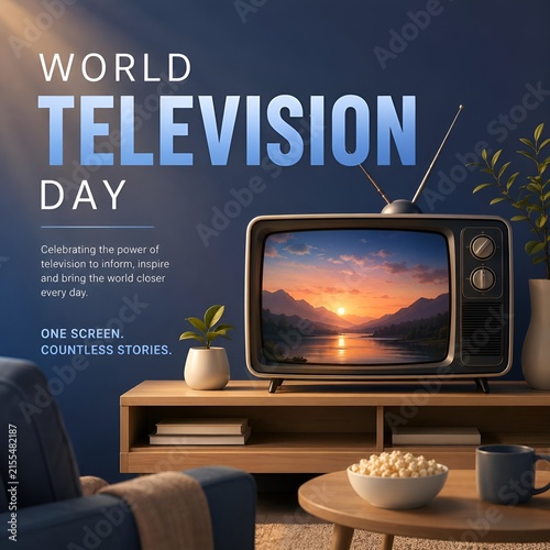 World television day celebration concept with vintage tv set and landscape screen television broadcast technology entertainment furniture