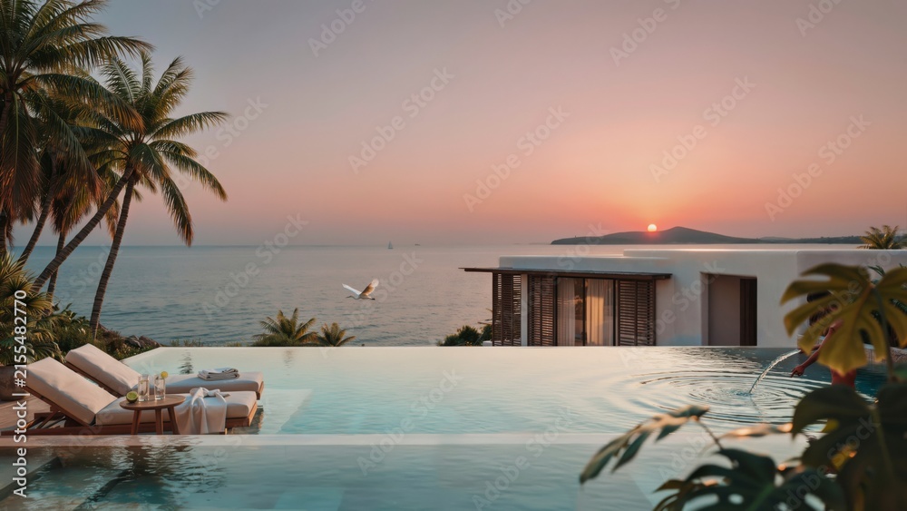 Fototapeta premium Infinity pool at tropical villa overlooking the ocean at sunset