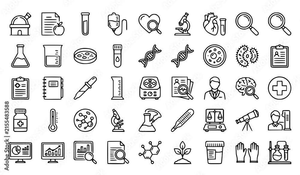 Fototapeta premium Medical Research Laboratory Science Microscope DNA Test Tube Outline Icons