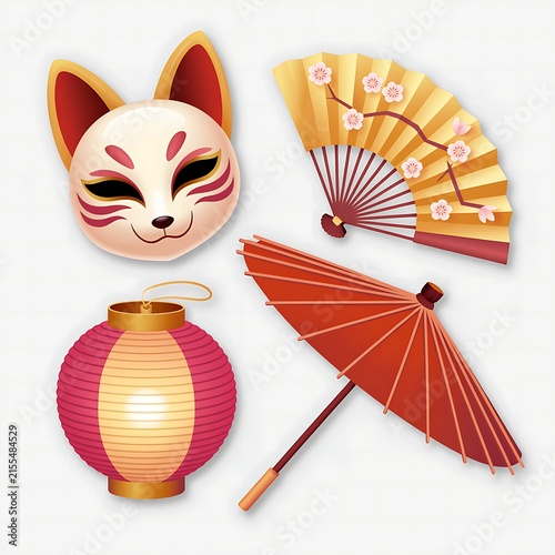 3d Cartoonish Traditional Japanese cultural items set with fox mask fan lantern umbrella  isolated on white background 