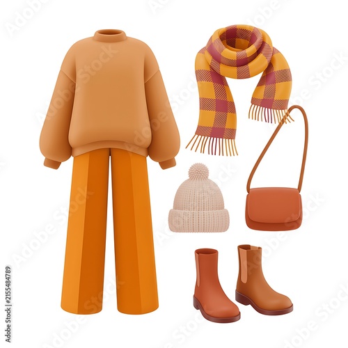 3d Cartoonish Women casual autumn clothing outfit apparel set isolated on white background 