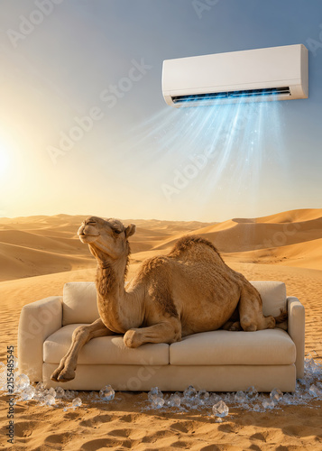 Camel relaxing on sofa under air conditioner in hot desert